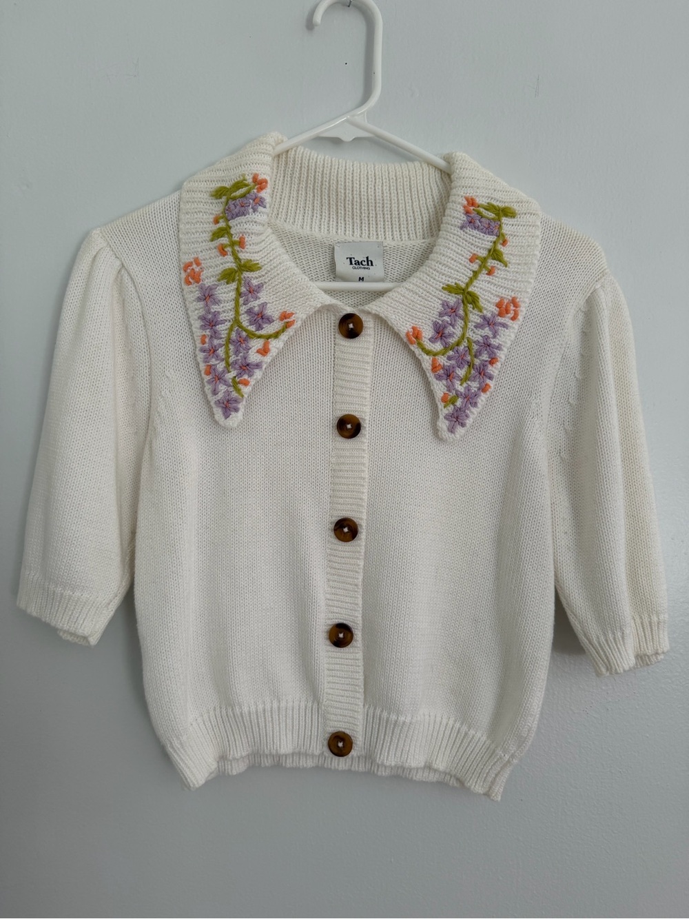 TACH Cream Cropped Cardigan with Embroidered Floral Collar
